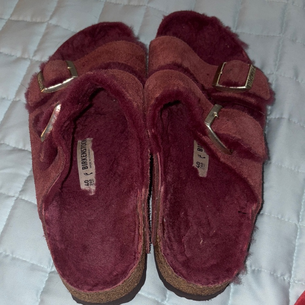 Birkenstock Women's Maroon Fuzzy Slippers